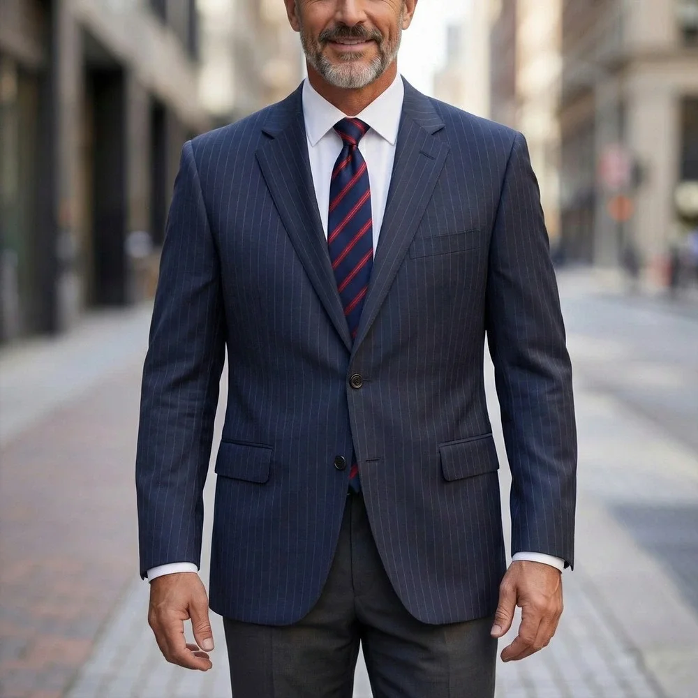 Gianni Manzoni Navy Pinstripe Blazer Reda Super 130s Virgin Wool‎ Italy 46L